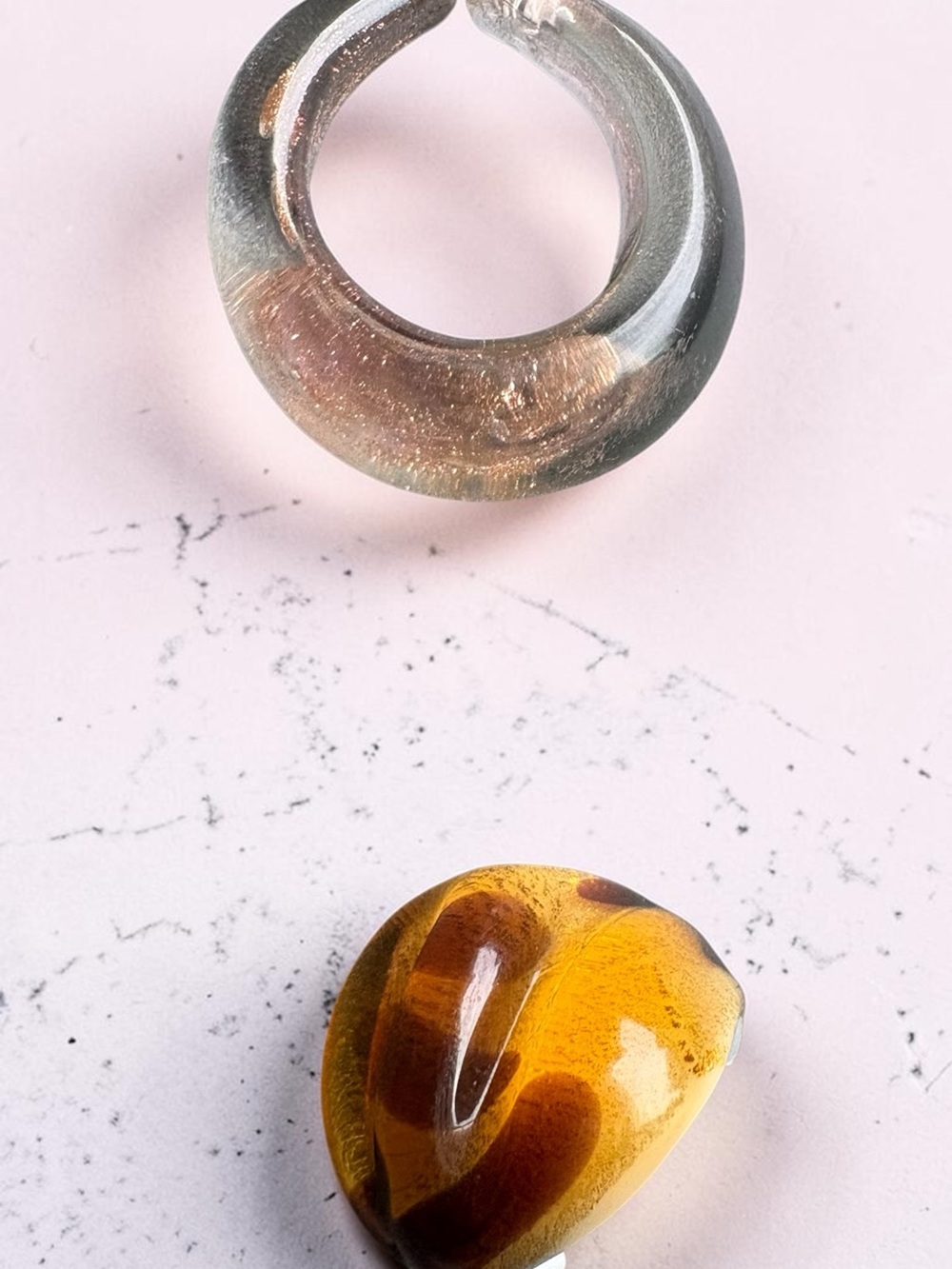 Handmade Murano glass and Amber Glass Stone Pair - Yellow & Gray/glittery pink